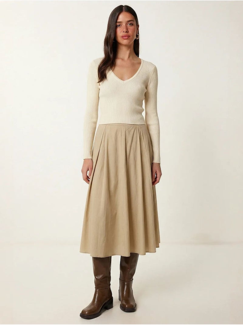 Gonna midi a trapezio a vita alta istanbul Beige argilla - Kiabi
