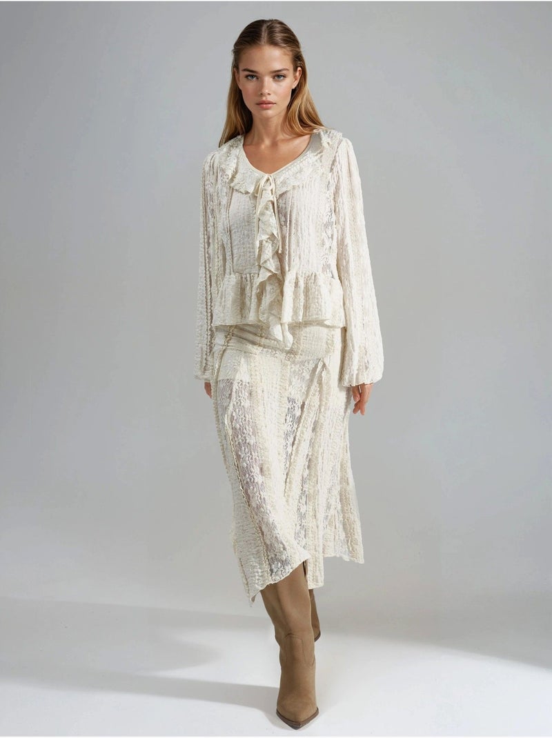 Gonna midi a vita alta in pizzo a linea ad a busem Beige argilla - Kiabi