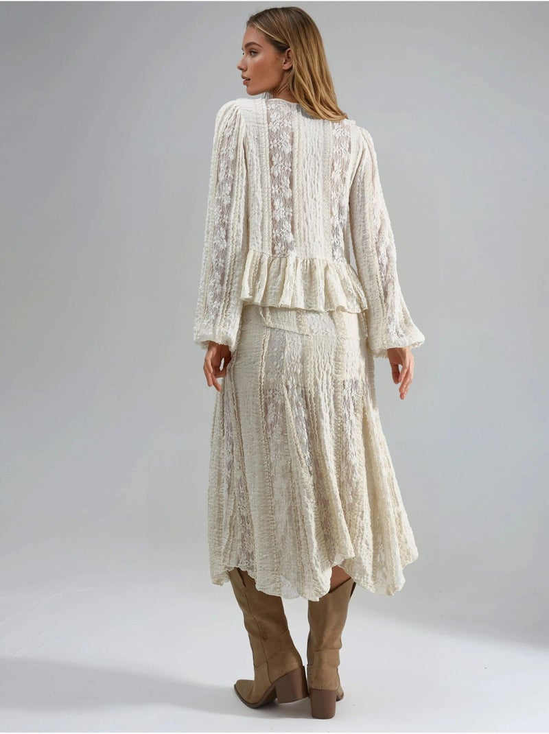 Gonna midi a vita alta in pizzo a linea ad a busem Beige argilla - Kiabi