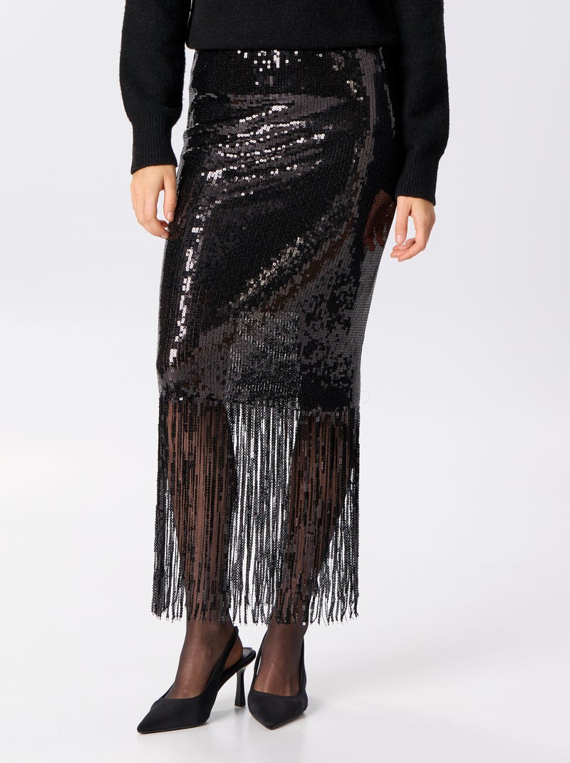 Gonna midi con paillettes e frange Nero - Kiabi