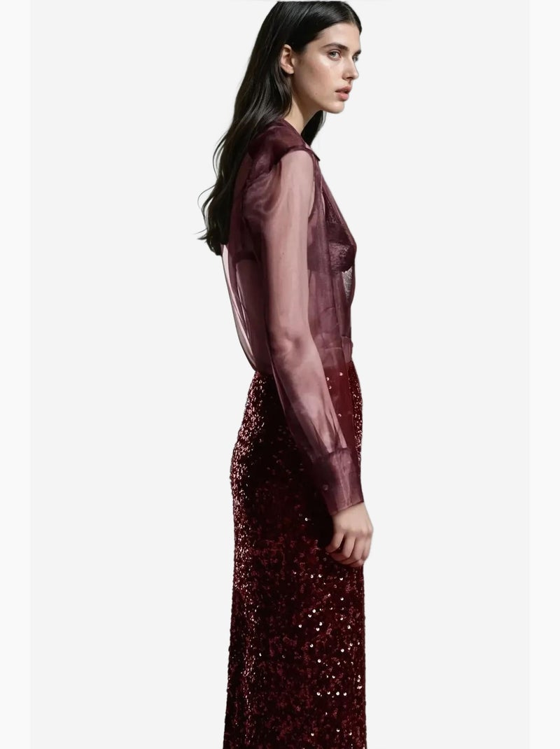Gonna midi con paillettes e spacco hiccup Rosso bordeaux - Kiabi