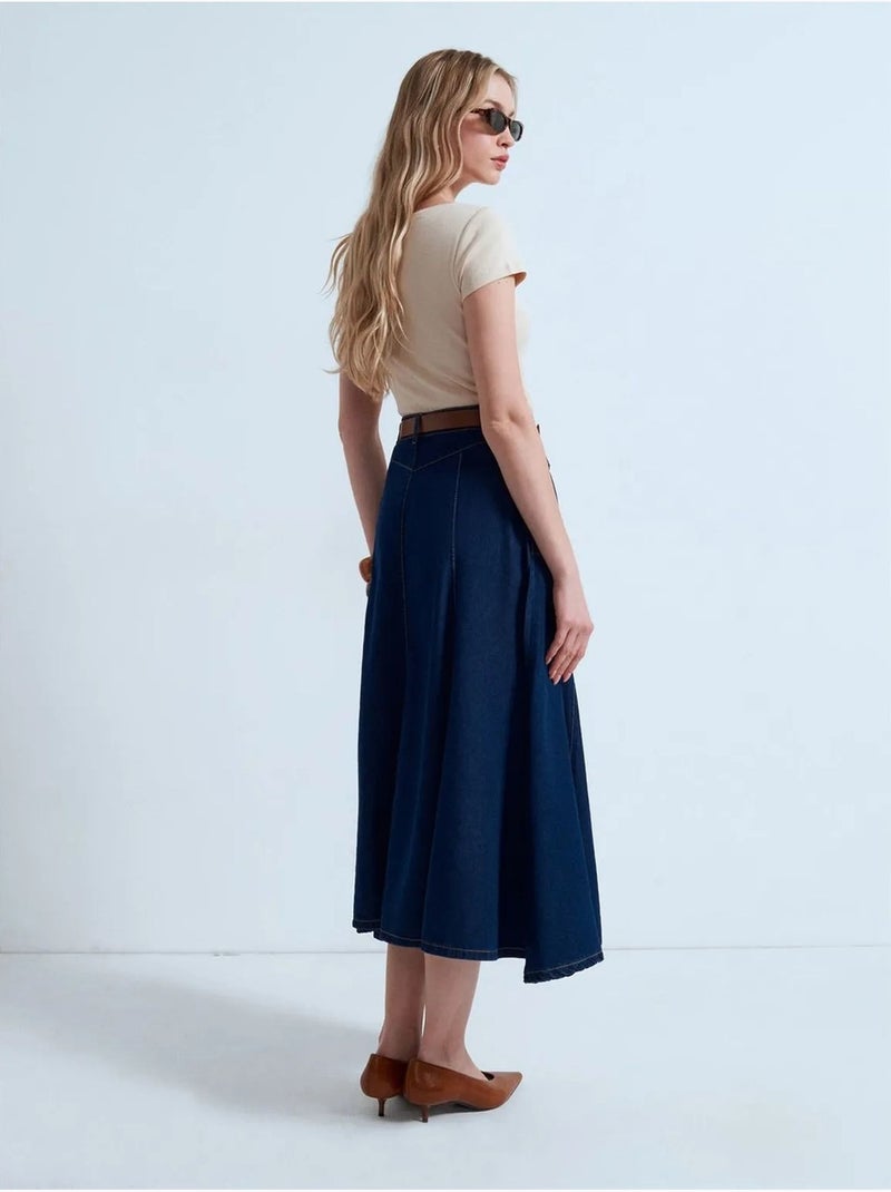 Gonna midi in denim a trapezio a vita alta dilvin Blu oltremare - Kiabi