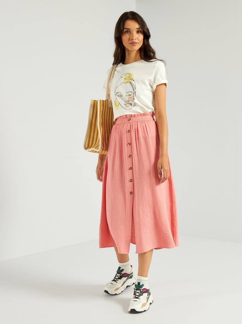 Gonna midi in garza di cotone ROSA - Kiabi