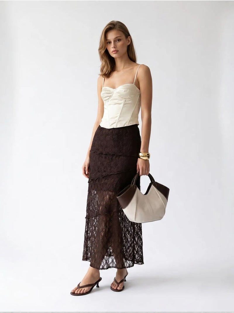 Gonna midi in pizzo a vita alta mixray Marrone cioccolato - Kiabi