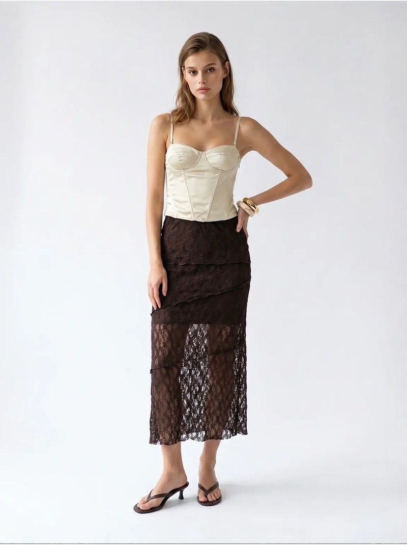 Gonna midi in pizzo a vita alta mixray Marrone cioccolato - Kiabi