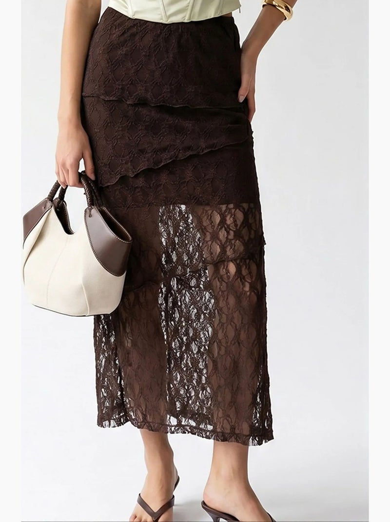 Gonna midi in pizzo a vita alta mixray Marrone cioccolato - Kiabi