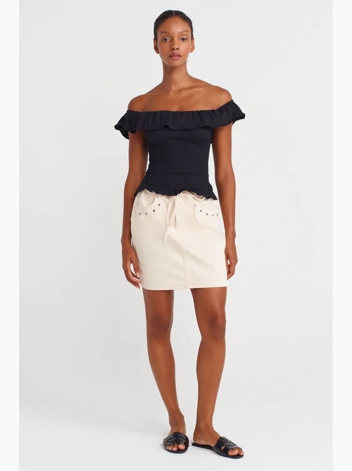 Gonna mini in denim di cotone da donna con vita con laccetto dilvin - Kiabi Gonna mini in denim di cotone da donna con vita con laccetto dilvin - Kiabi