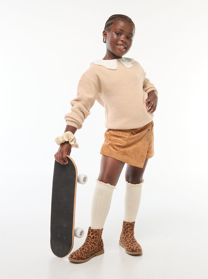 Gonna pantalone corta tinta unita in finto camoscio Beige