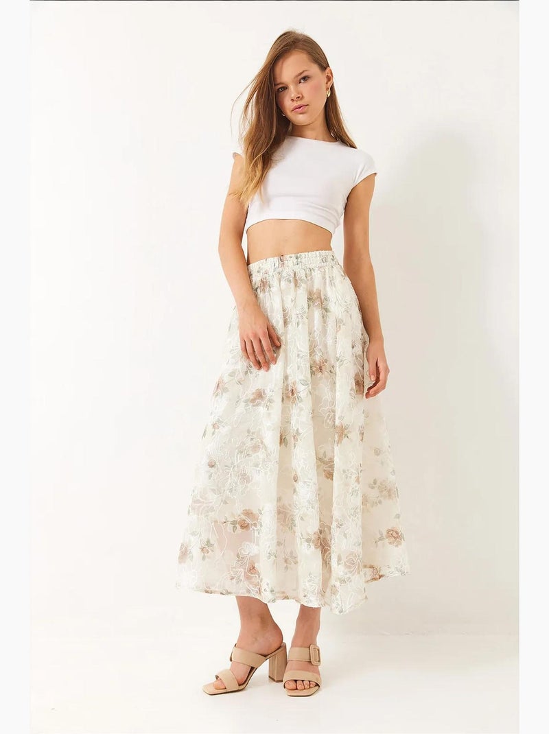 Gonna svasata foderata con dettagli in tulle ricamato floreale con elastico in vita lucci Bianco sporco - Kiabi