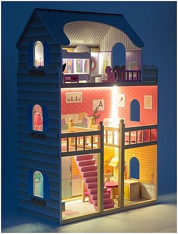 Grande casa delle bambole legno 3 piani con LED Mamabrum