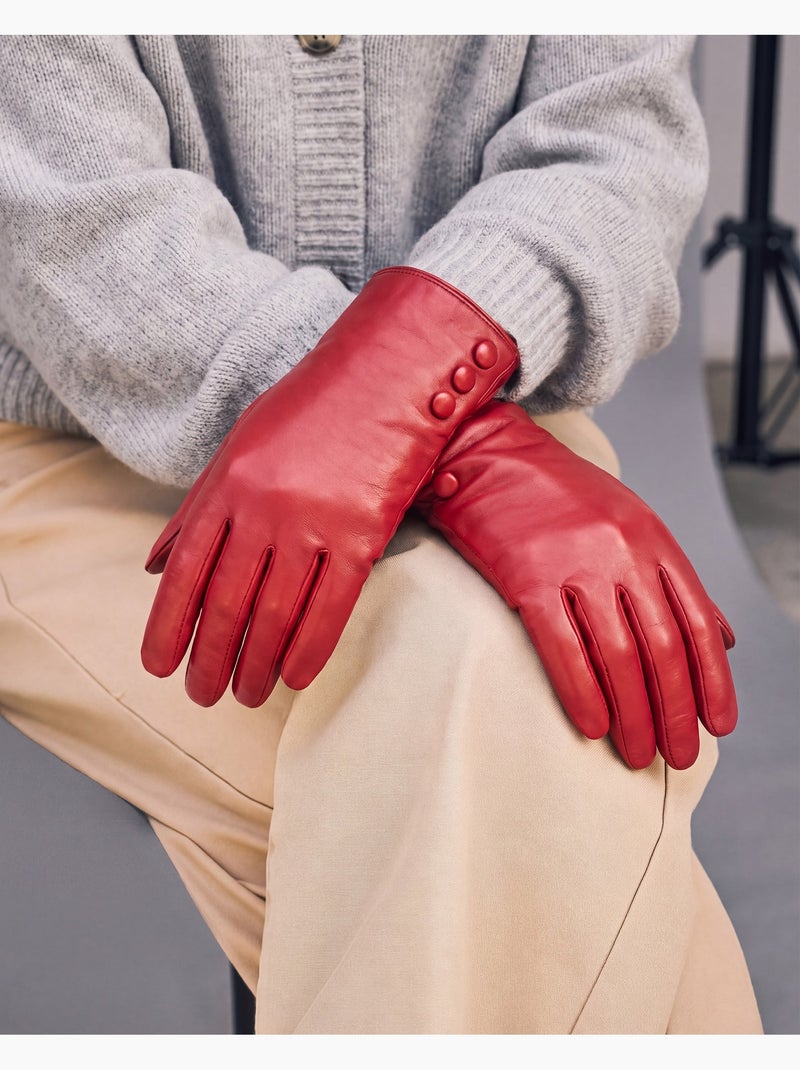 Guanti cuscinetti tattili in pelle di agnello pieno fiore - fodera in donna Rosso pomodoro - Kiabi