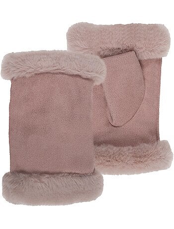 Guanti senza dita similpelle con bordi in pelliccia, foderata in pelliccia bambina isotoner