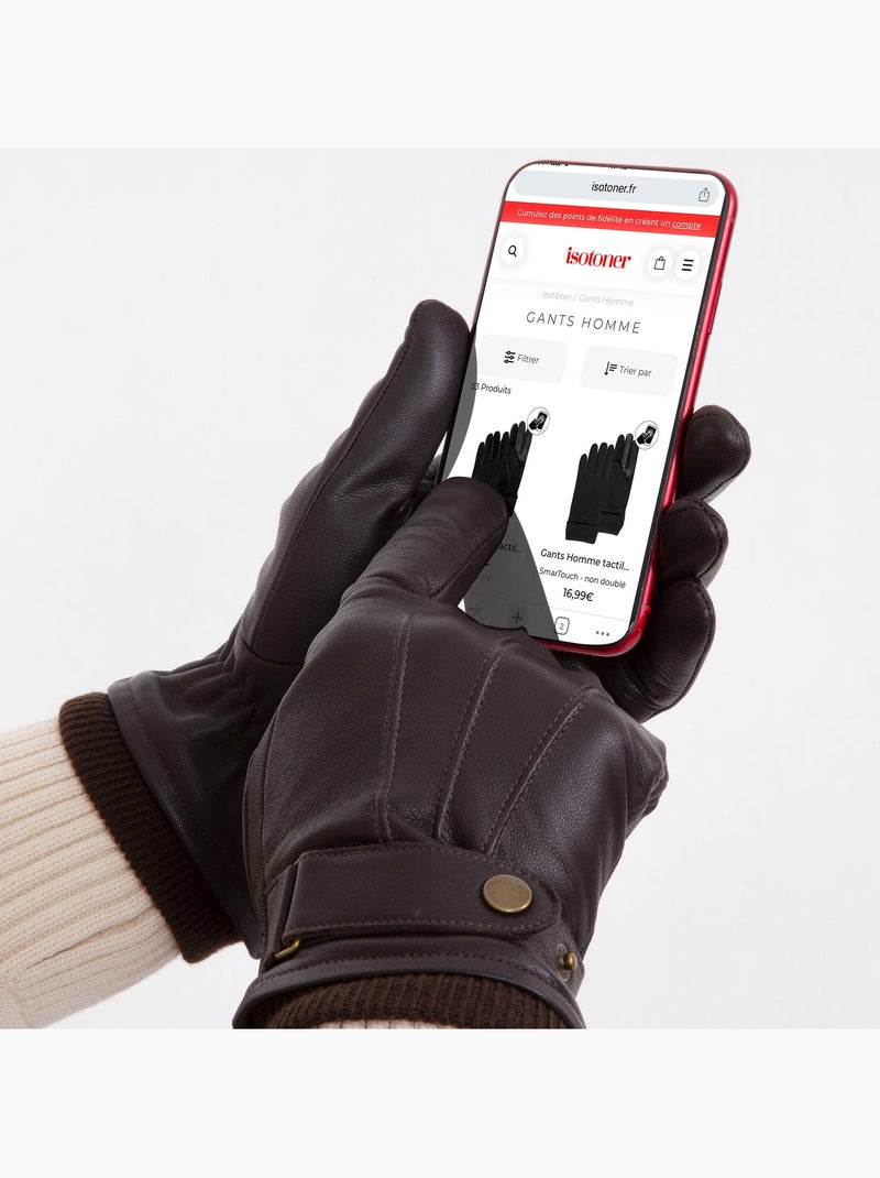 Guanti Touchscreen in pelle di capra pieno fiore - foderato in pile uomo Isotoner Marrone - Kiabi