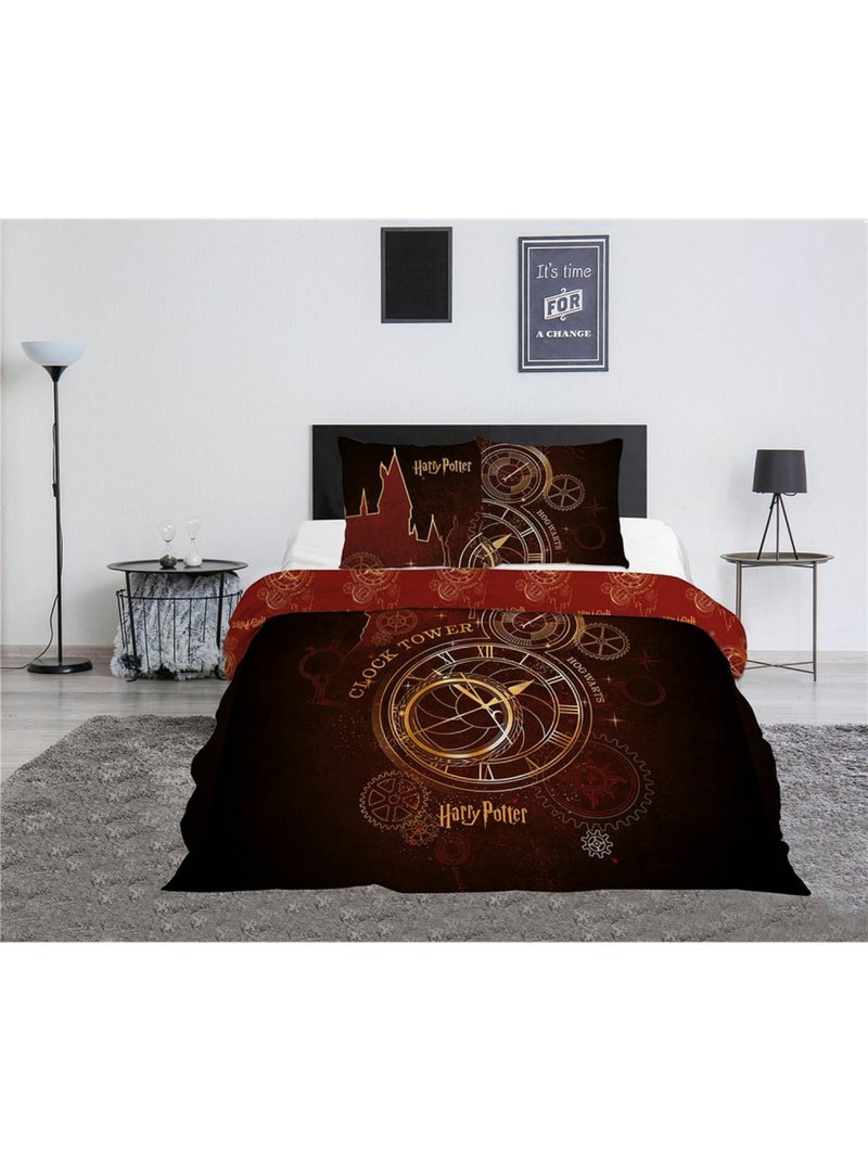 Harry Potter - Parure Copripiumino Matrimoniale Stampata e Reversibile in Polycotone, CLOCK TOWER Multicolore - Kiabi