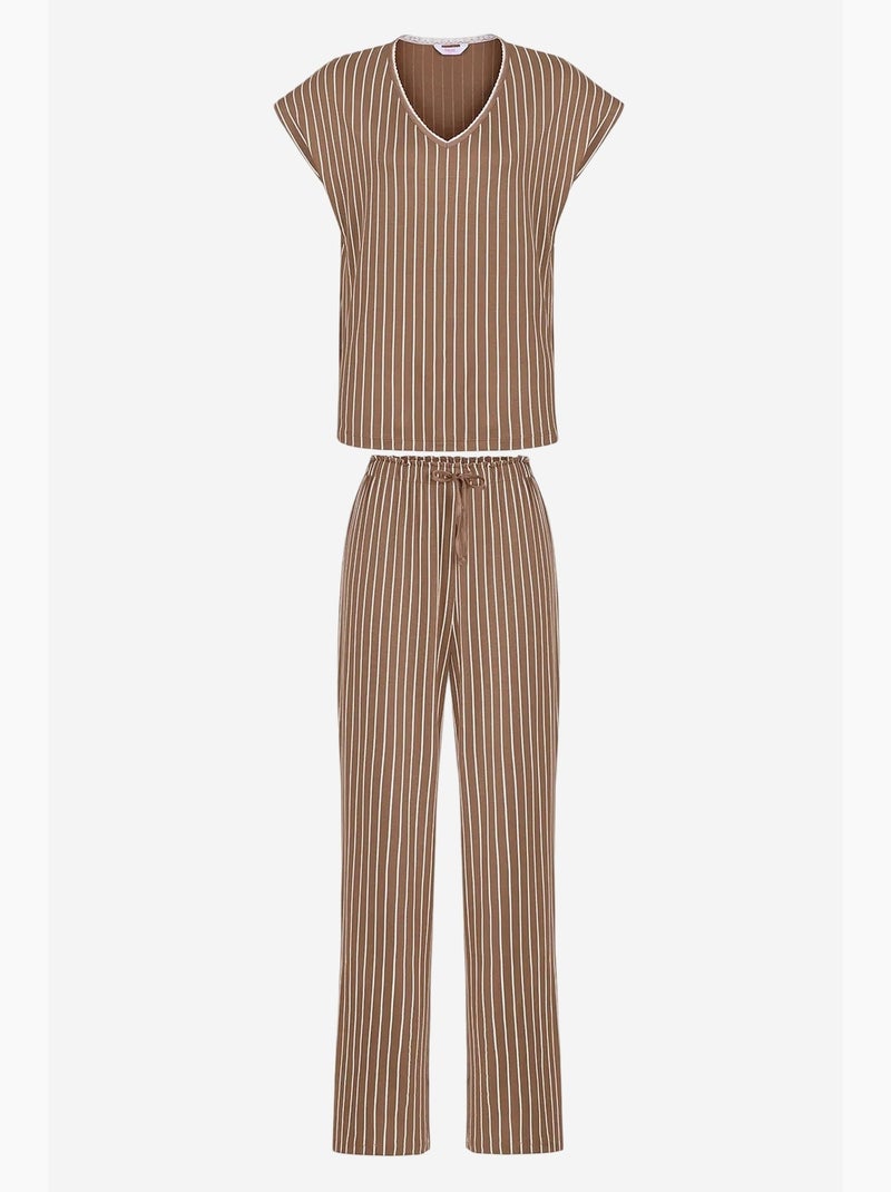 Hera set pigiama a righe in pizzo con maniche corte e pantaloni penti Marrone - Kiabi