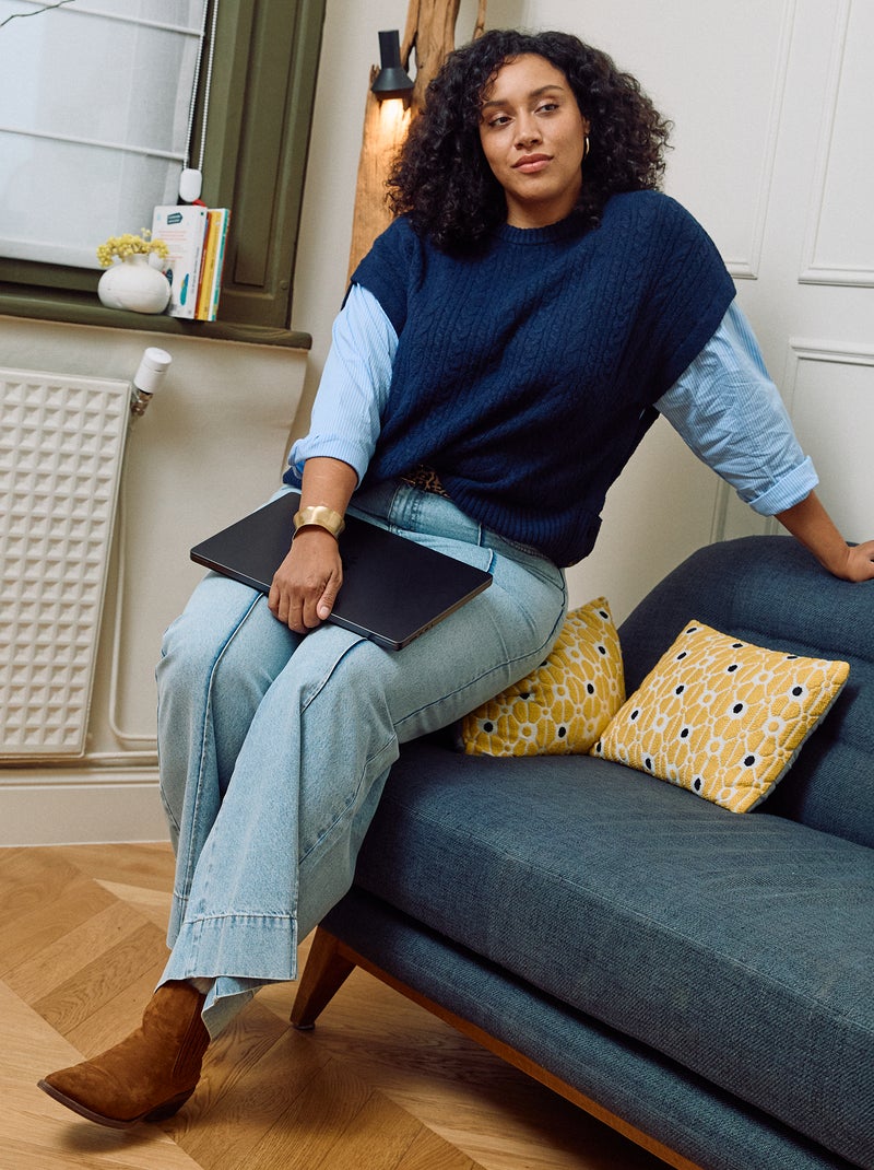 Jeans a gamba larga a vita alta con pieghe sul davanti Blu - Kiabi