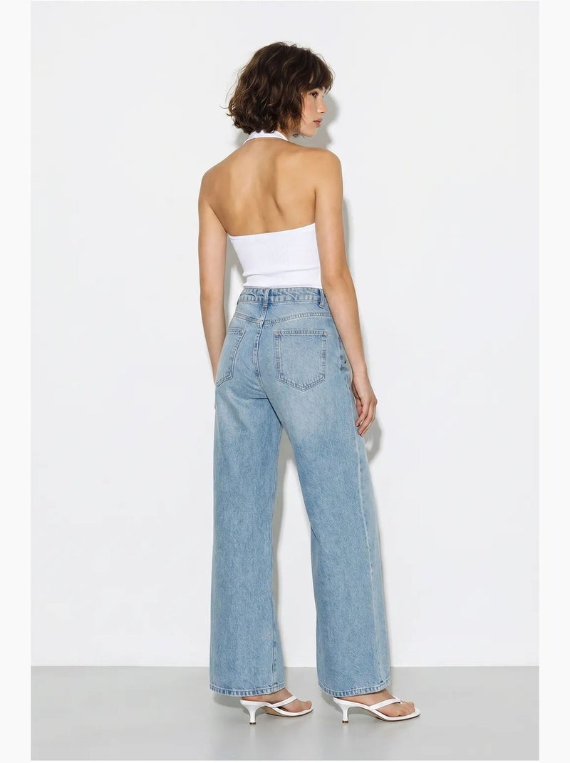 Jeans a vita alta a gamba larga ricamati lucci Blu chiaro - Kiabi