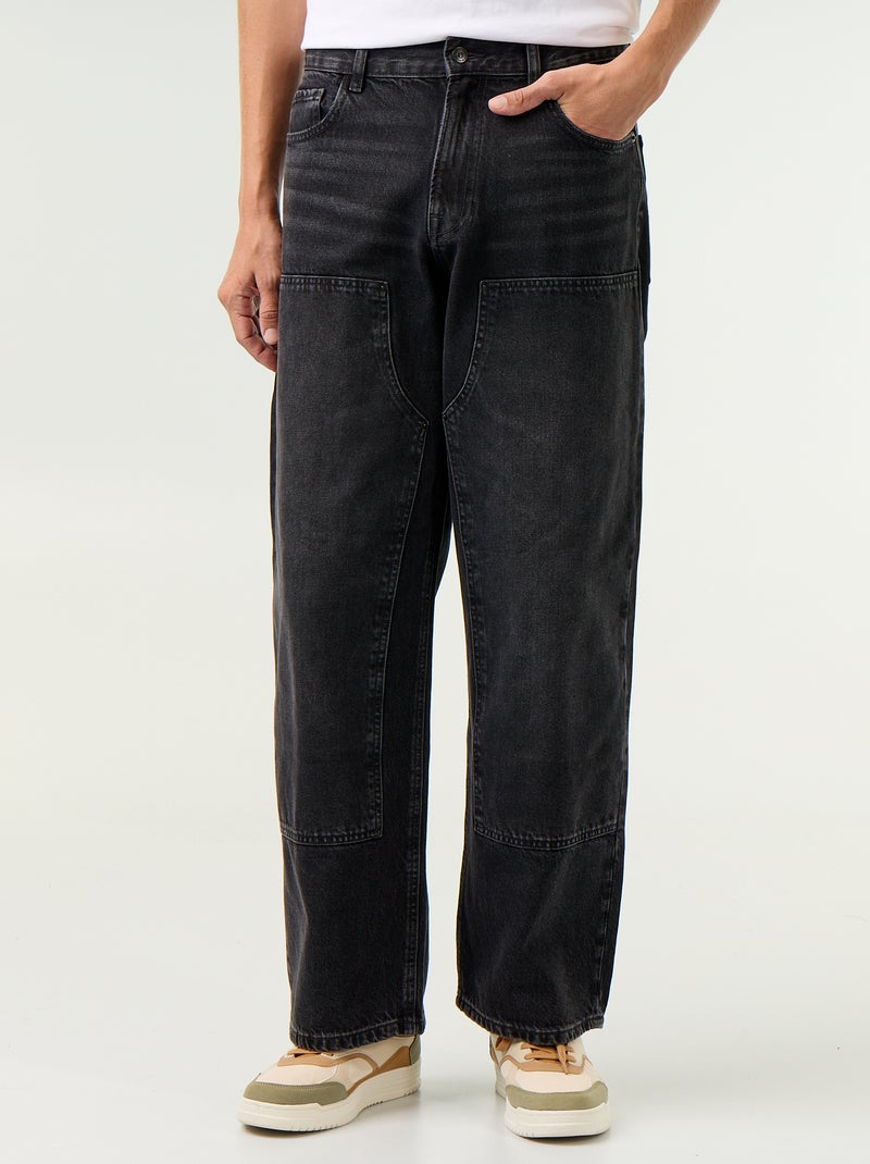 Jeans baggy a tinta unita con inserti fantasia Nero - Kiabi