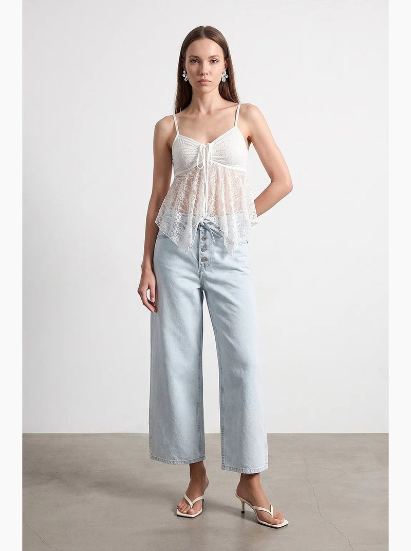 Jeans capri da donna a gamba ampia a vita alta con dettaglio in pizzo dilvin Blu chiaro - Kiabi