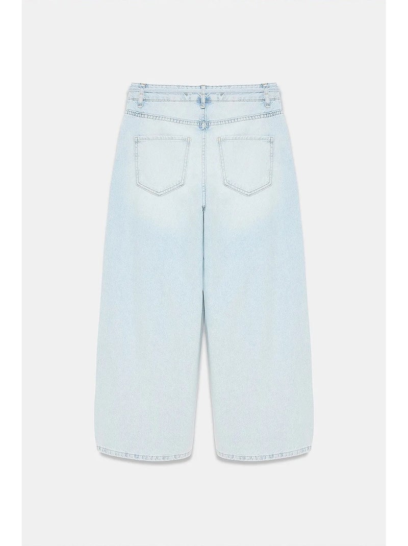 Jeans capri da donna a gamba ampia a vita alta con dettaglio in pizzo dilvin Blu chiaro - Kiabi