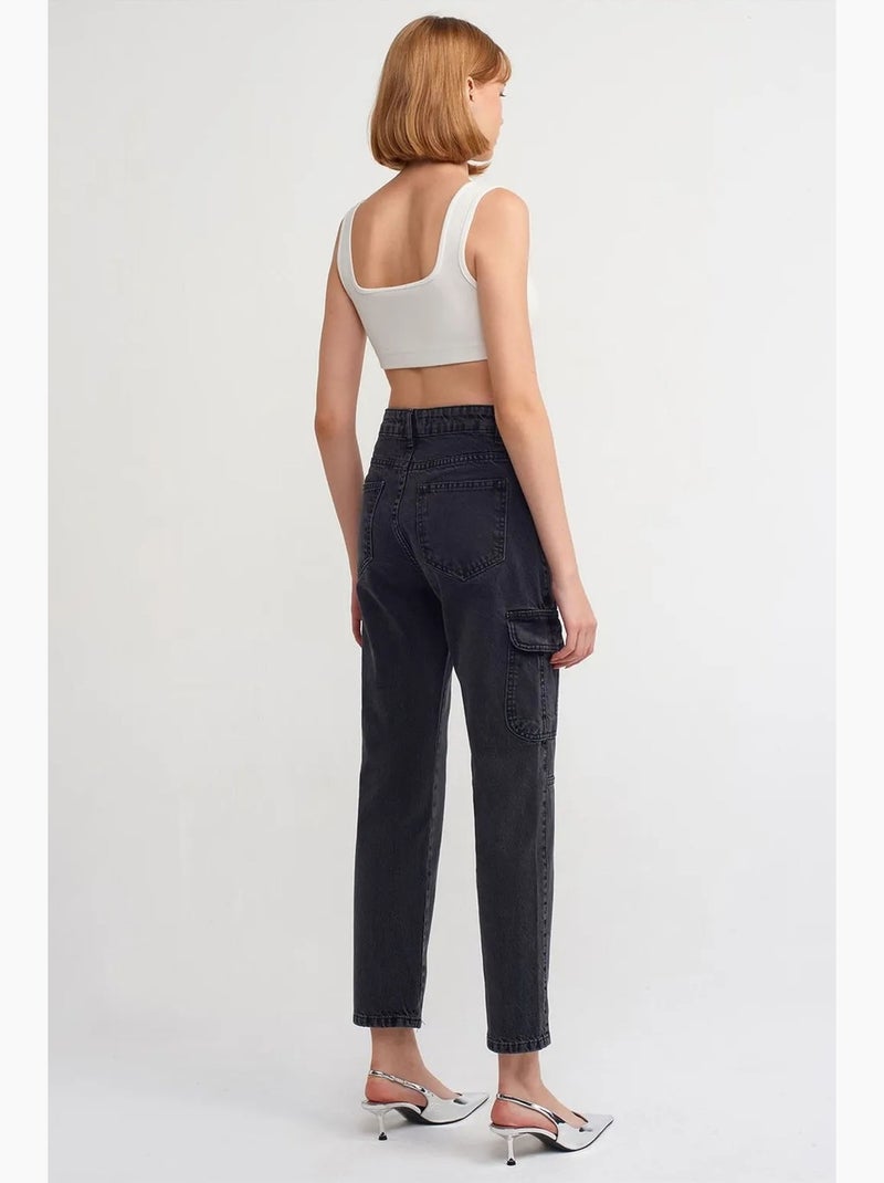 Jeans cargo a gamba dritta a vita alta dilvin Nero - Kiabi