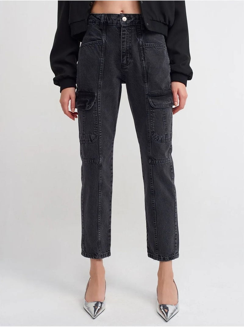 Jeans cargo a gamba dritta a vita alta dilvin Nero - Kiabi