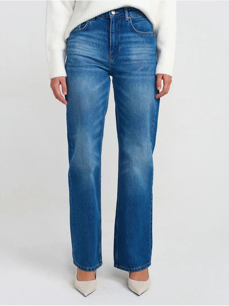 Jeans in cotone a vita alta a gamba dritta dilvin Blu zaffiro - Kiabi
