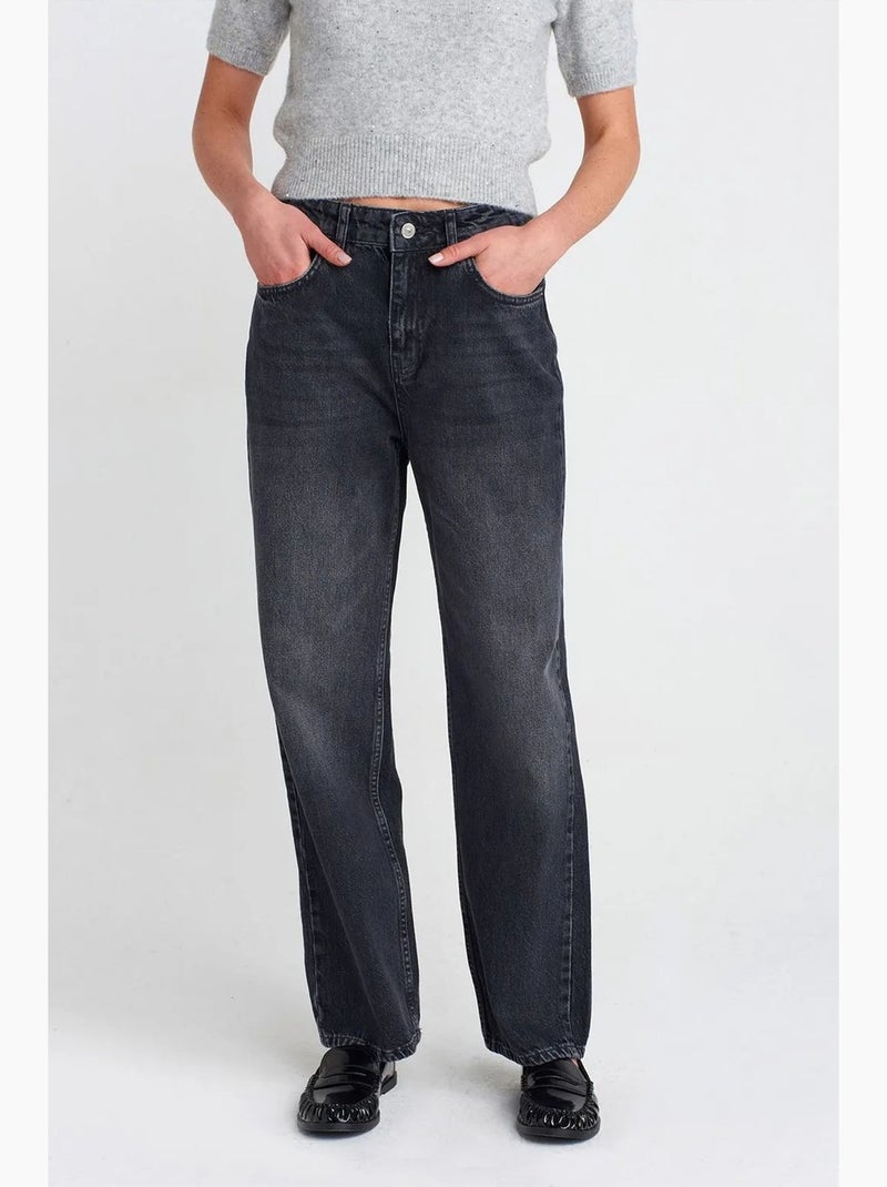 Jeans in cotone a vita alta a gamba dritta dilvin Grigio scuro - Kiabi
