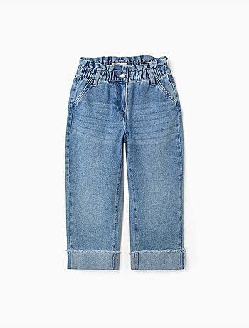 Jeans in cotone con cintura paperbag e orli risvoltati
