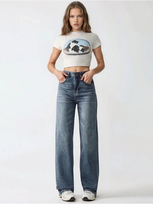 Jeans in denim a vita normale e gamba dritta hiccup - Kiabi Jeans in denim a vita normale e gamba dritta hiccup - Kiabi