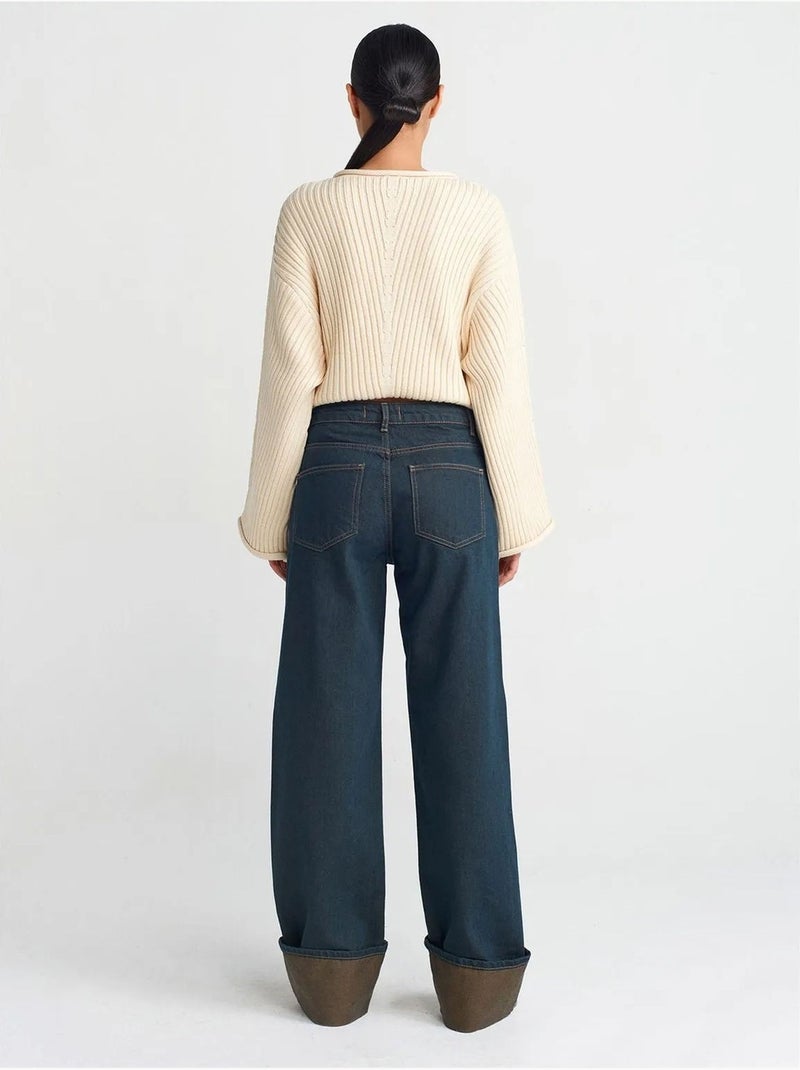 Jeans in denim di cotone a gamba ampia a vita media dilvin Blu oltremare - Kiabi
