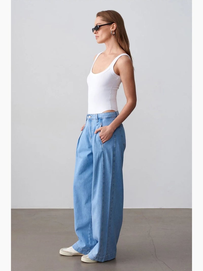 Jeans in denim di cotone a gamba ampia e vita alta dilvin Blu zaffiro - Kiabi