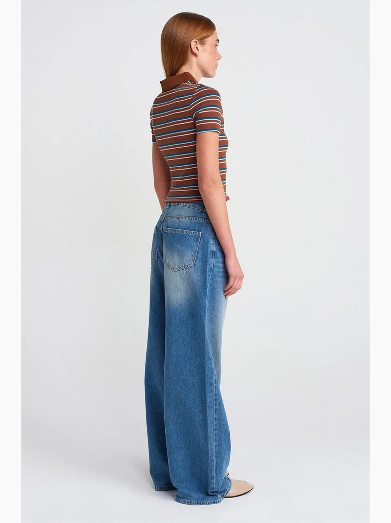 Jeans in denim di cotone a vita alta a gamba ampia dilvin Blu zaffiro - Kiabi