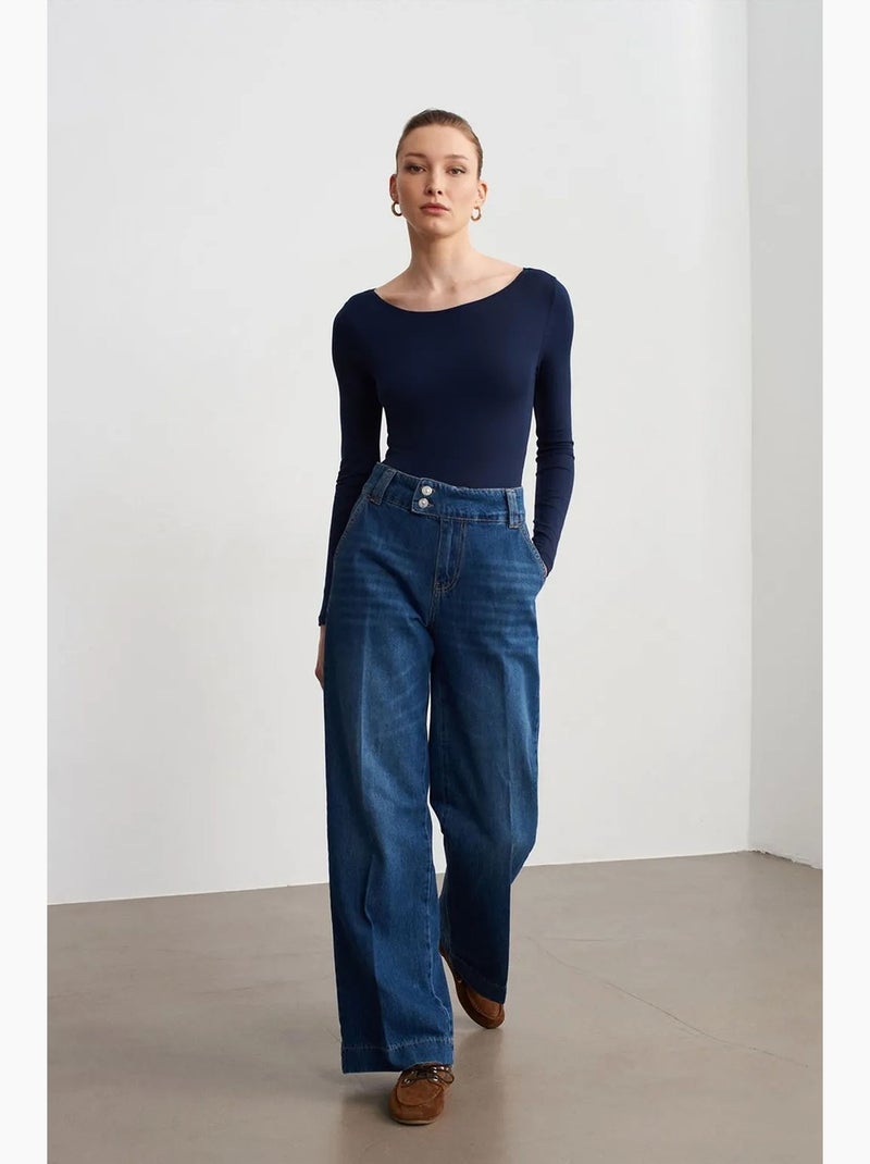 Jeans in denim di cotone a vita alta a gamba ampia dilvin Blu zaffiro - Kiabi