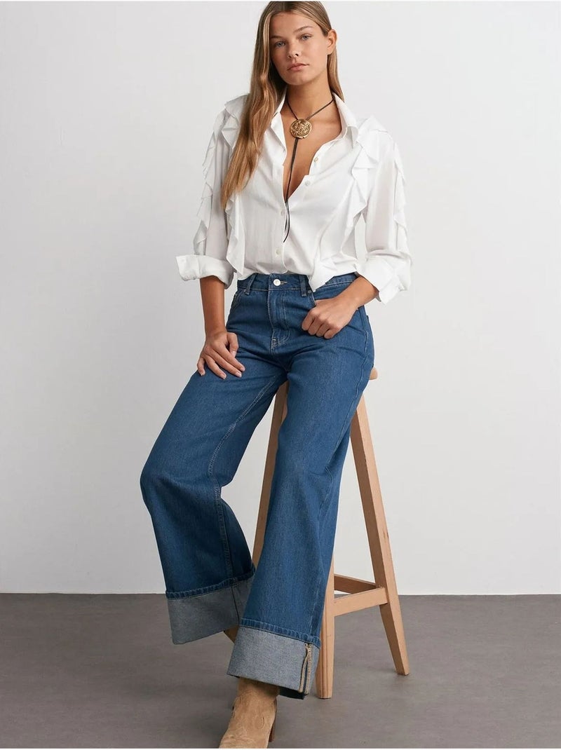 Jeans in denim di cotone a vita alta a gamba ampia dilvin Blu zaffiro - Kiabi