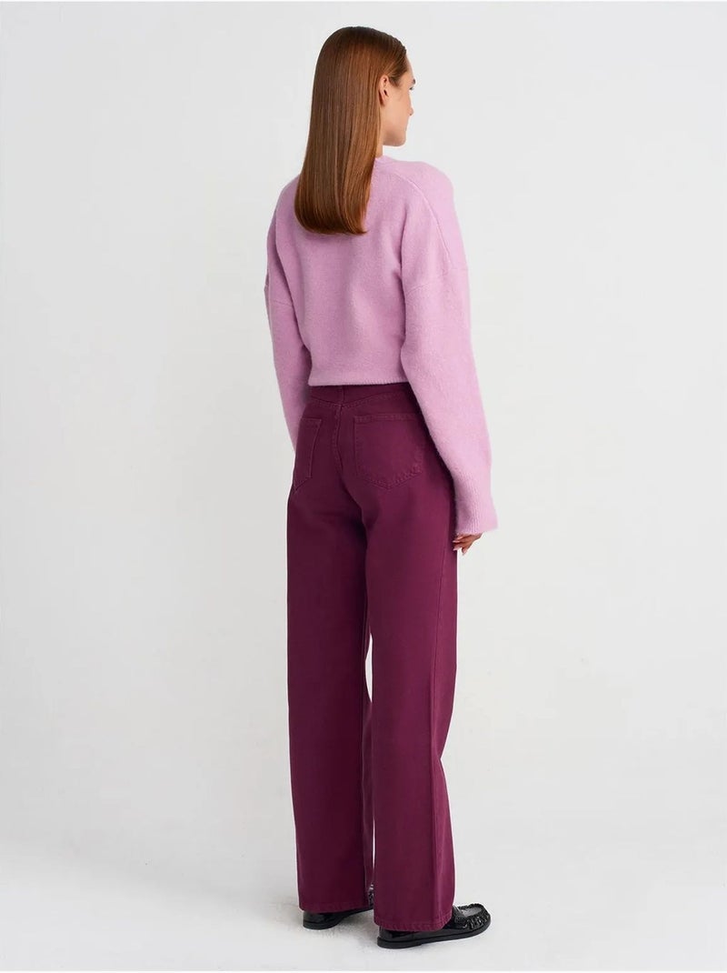 Jeans in denim di cotone a vita alta a gamba ampia dilvin Rosso bordeaux - Kiabi
