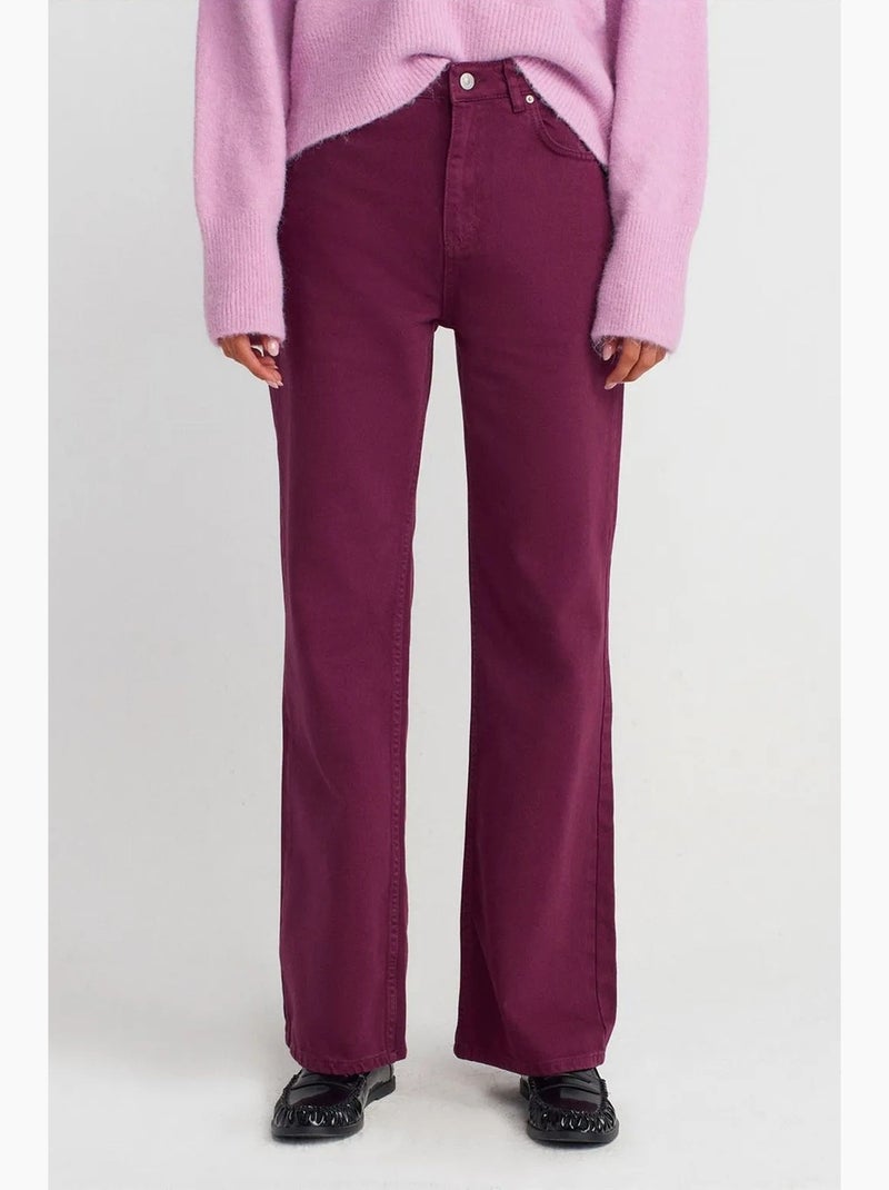 Jeans in denim di cotone a vita alta a gamba ampia dilvin Rosso bordeaux - Kiabi