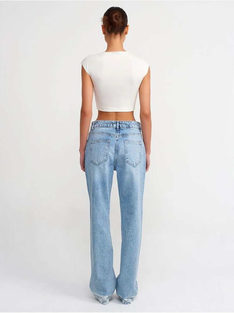 Jeans in denim di cotone a vita alta a gamba dritta dilvin Blu zaffiro - Kiabi