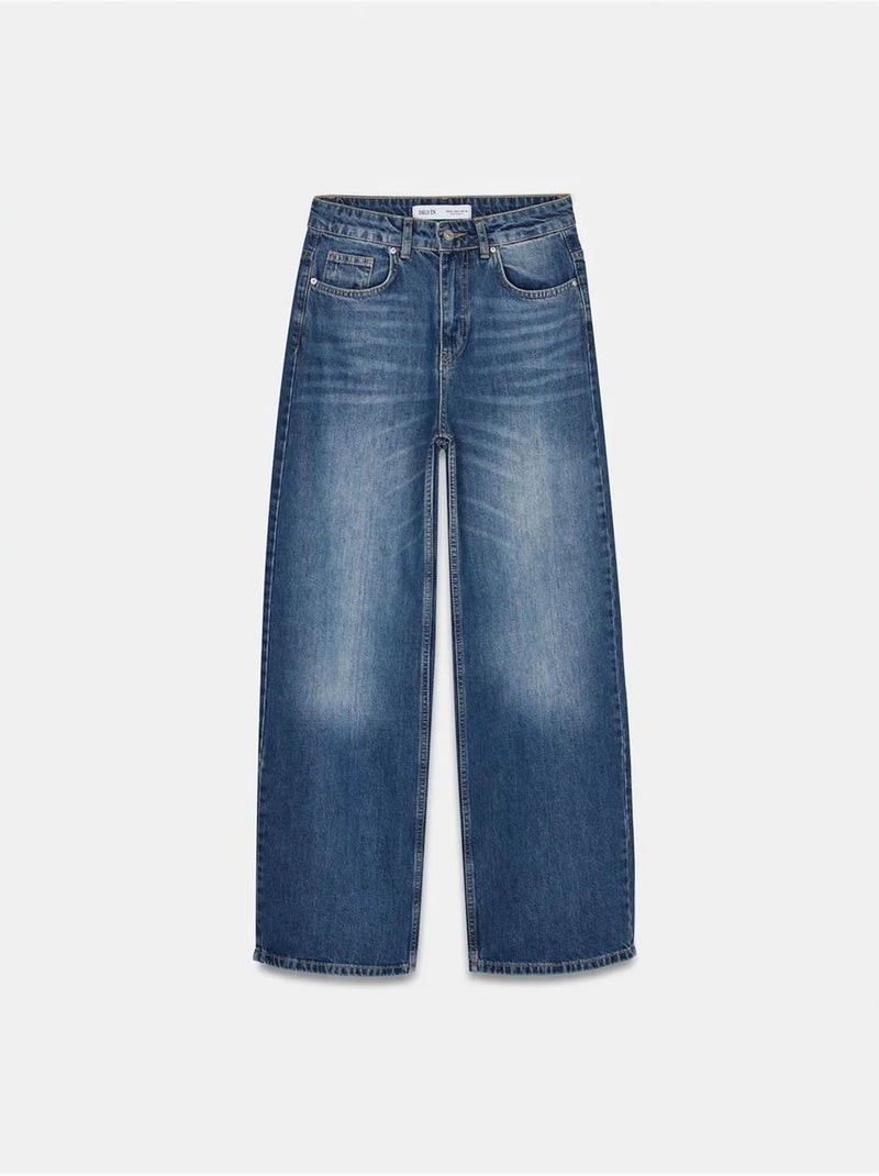Jeans in denim di cotone a vita alta e gamba ampia dilvin Blu zaffiro - Kiabi