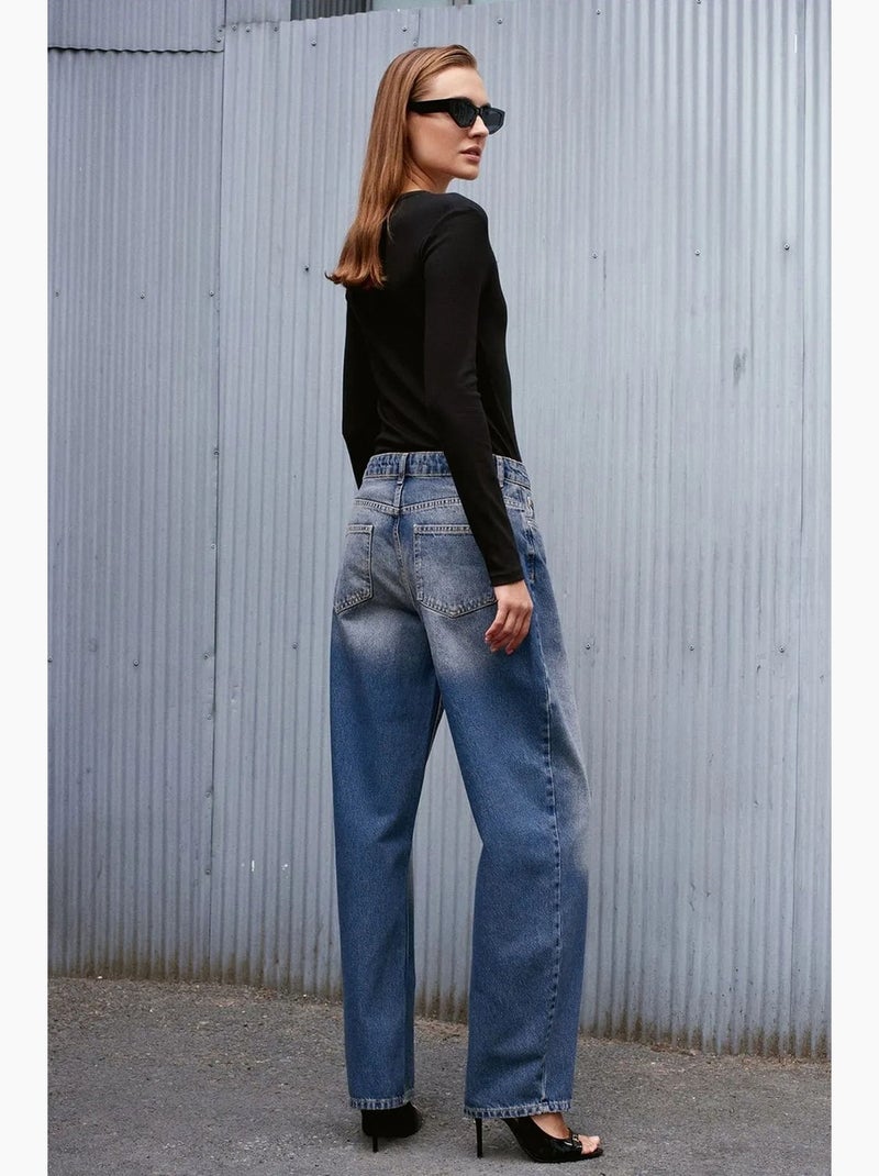 Jeans in denim di cotone a vita alta e gamba ampia dilvin Blu zaffiro - Kiabi