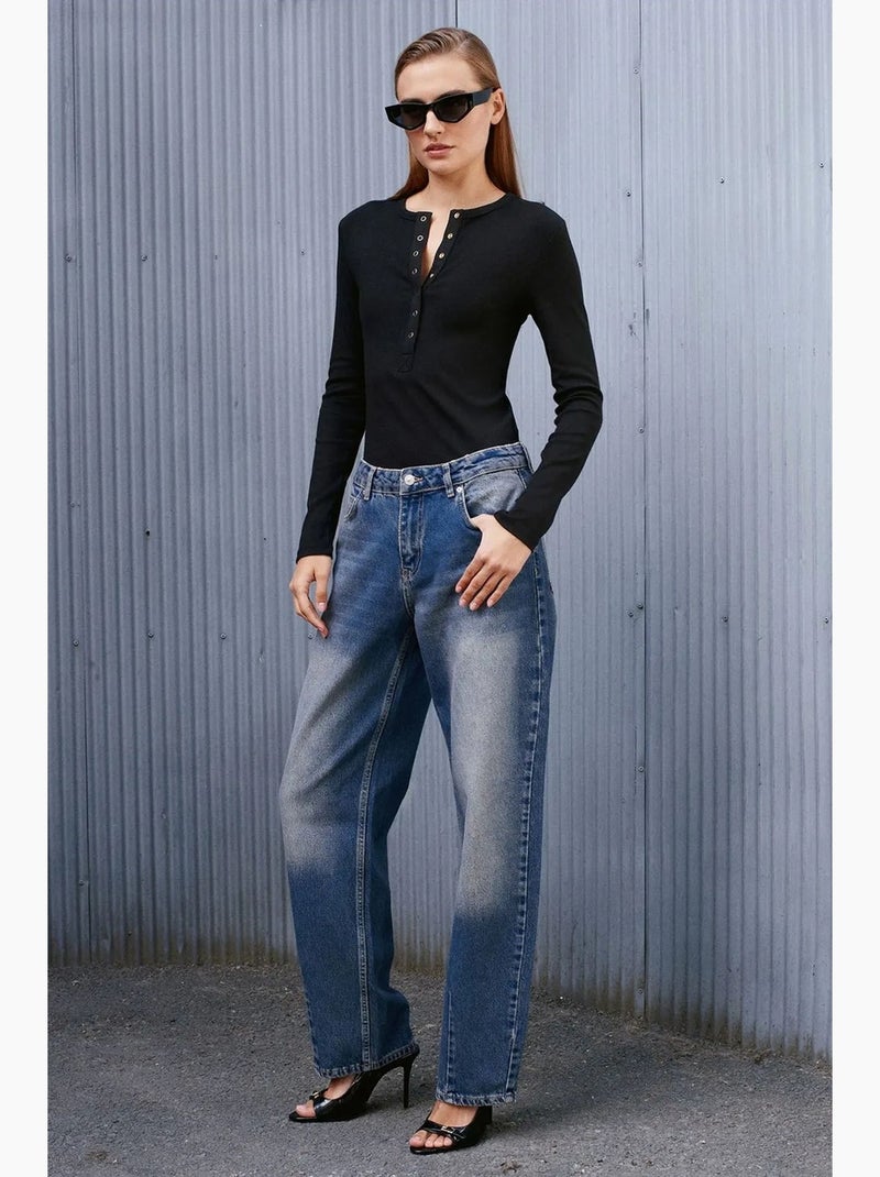 Jeans in denim di cotone a vita alta e gamba ampia dilvin Blu zaffiro - Kiabi