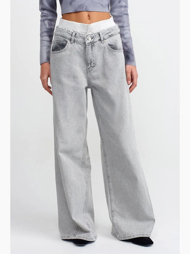 Jeans in denim di cotone a vita alta e gamba ampia dilvin Grigio chiaro - Kiabi
