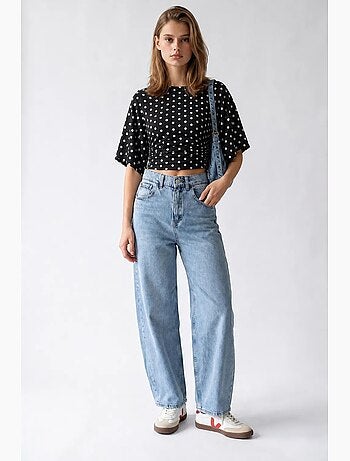 Jeans in denim di cotone a vita alta e gamba larga mixray