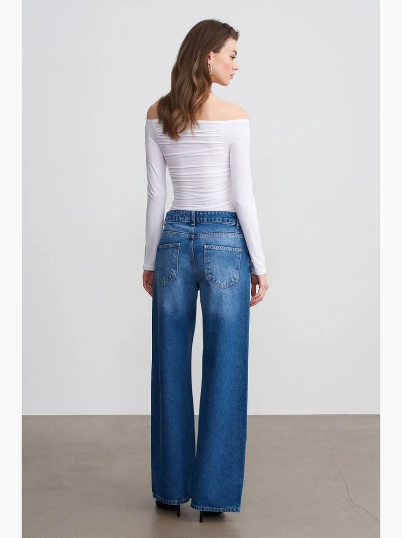 Jeans in denim di cotone a vita bassa e gamba ampia dilvin Blu zaffiro - Kiabi