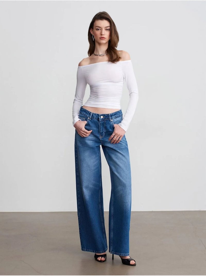 Jeans in denim di cotone a vita bassa e gamba ampia dilvin Blu zaffiro - Kiabi