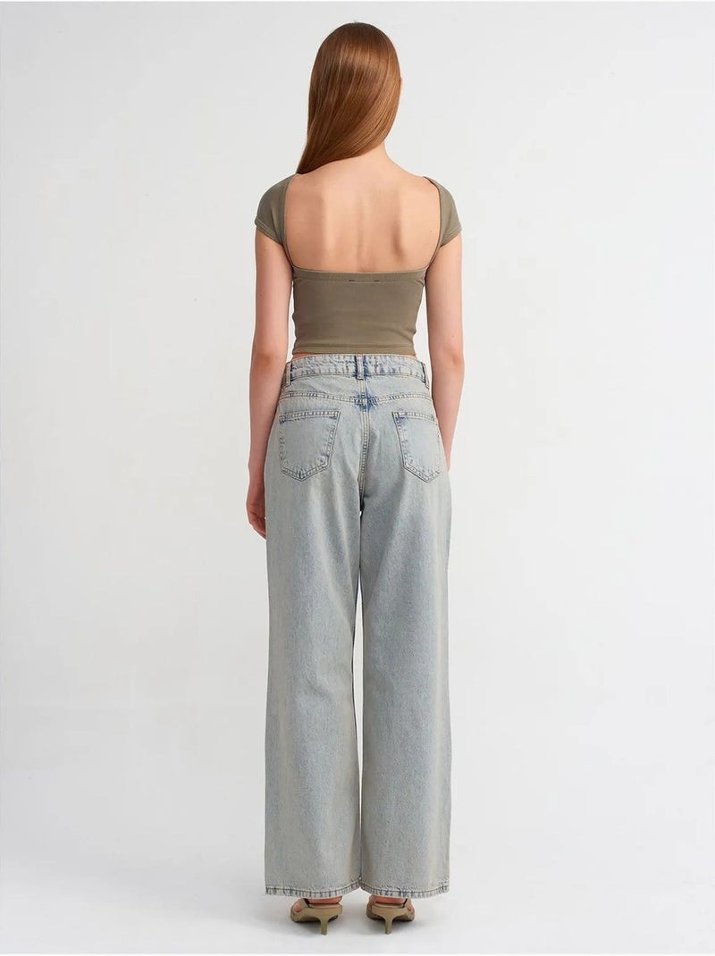 Jeans in denim di cotone a vita media a gamba ampia dilvin Blu chiaro - Kiabi