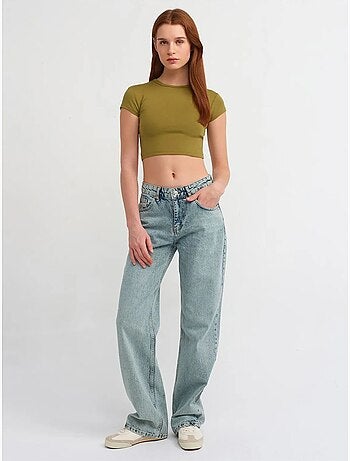 Jeans in denim di cotone a vita media a gamba dritta dilvin