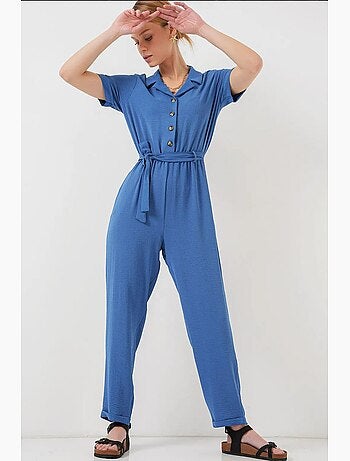 Jumpsuit tinta unita in tessuto con colletto a camicia e dettaglio fiocco bdart