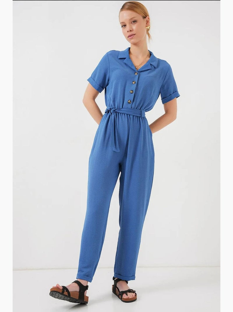 Jumpsuit tinta unita in tessuto con colletto a camicia e dettaglio fiocco bdart Blu zaffiro - Kiabi