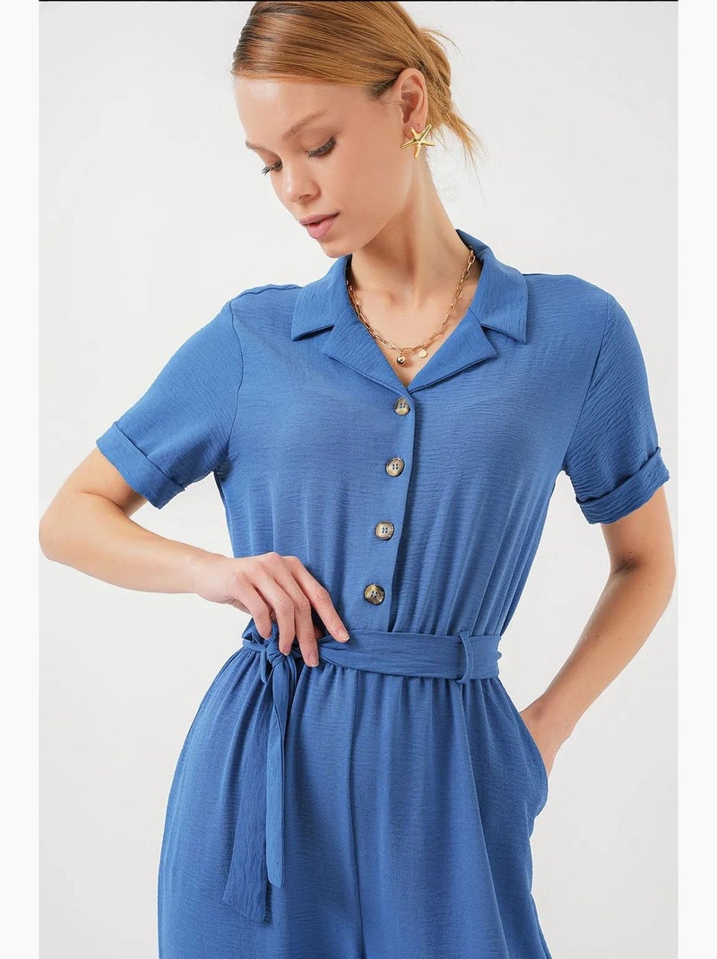 Jumpsuit tinta unita in tessuto con colletto a camicia e dettaglio fiocco bdart Blu zaffiro - Kiabi